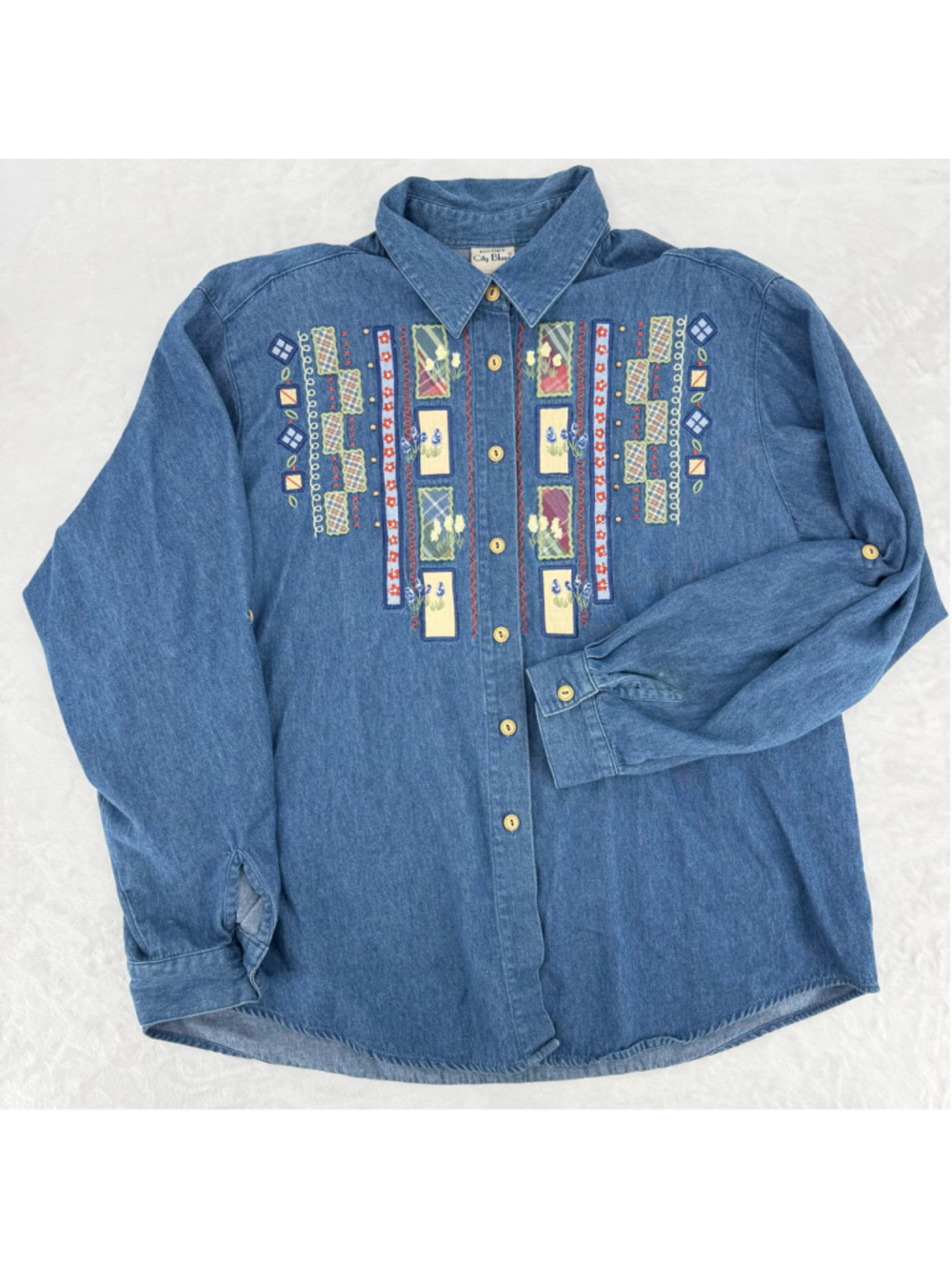 Vintage 90s Denim Shirt Embroidered Beaded Button Front Garden Flower Koret XL